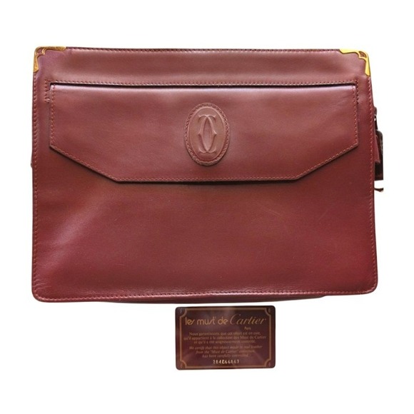 Vintage Cartier Les Must de Cartier Burgundy Leather Clutch Bag Gold Corners - Picture 3 of 16